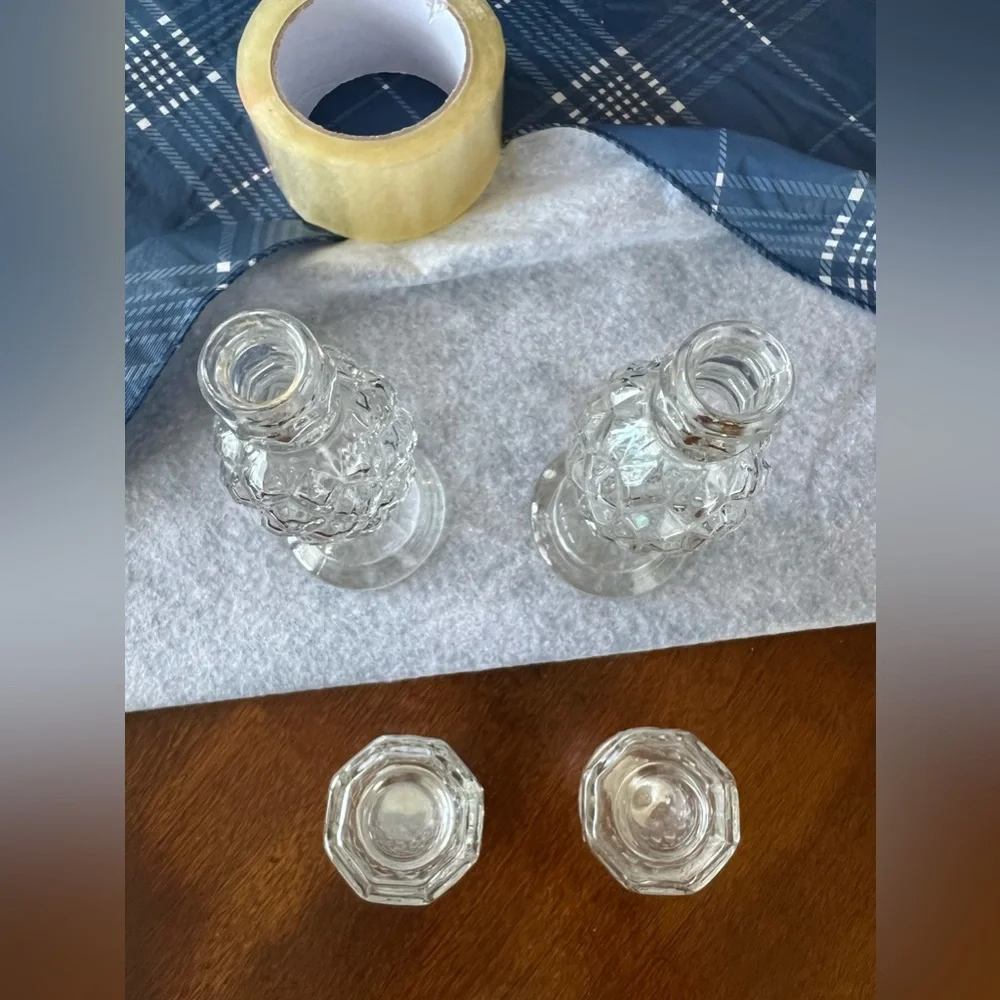 Candlestick Pair Diamond Pattern 8.25" Clear Glass for Taper Candles - Picture 3 of 7